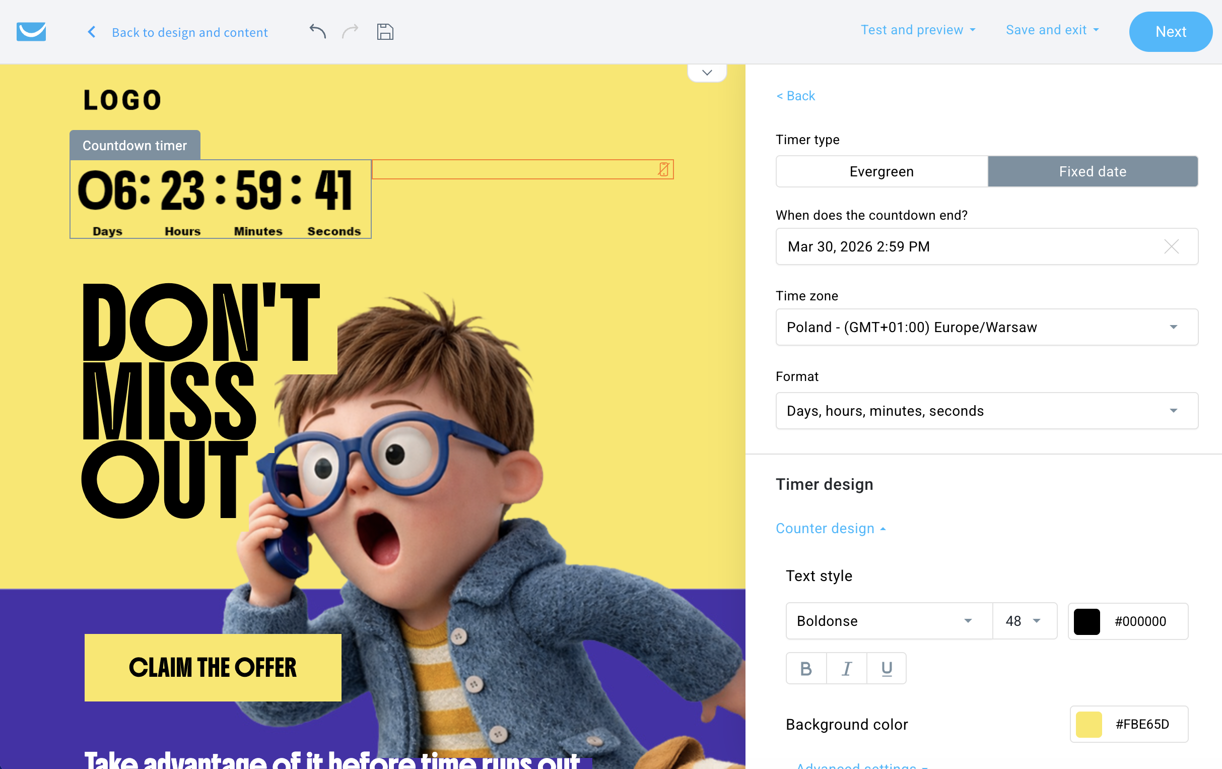 Screenshot of the GetResponse Email Builder showing a countdown timer element being edited within an email design, with a preview of a promotional message (“DON’T MISS OUT”) alongside a timer and a settings panel for configuring timer type, end date, time zone, format, and design options.